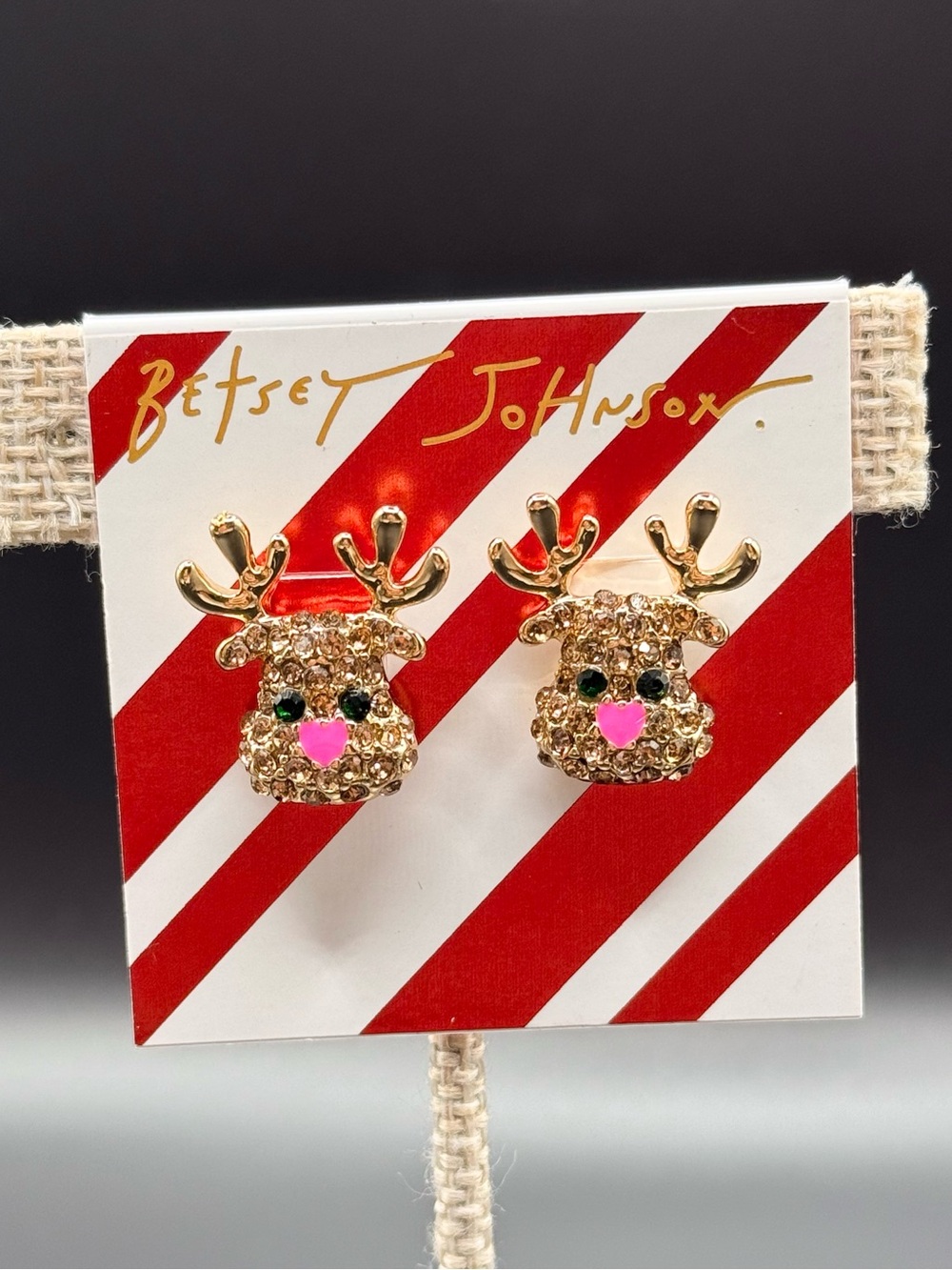 Betsey Johnson Faux Stone Jingle Bell Bling Christmas Reindeer Stud Earrings